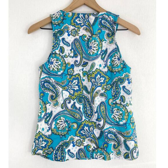 Silkland Women's Paisley Print Tank Top Linen Blend Embroidered Blue Green Small - Picture 2 of 7
